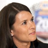 Race car driver Danica Patrick smiles during a news conference in preparation for the NAPA Auto Parts 200 Nationwide Series NASCAR race in M