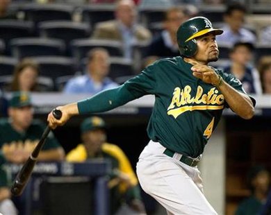 Oakland Athletics Coco Crisp follows through as he hits three-run home run to beat New York Yankees in New York Oakland Athletics Coco Crisp follows through as he hits three-run home run to beat New York Yankees in New York