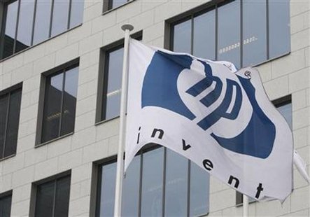 HP logo is seen outside Hewlett-Packard Belgian headquarters in Diegem