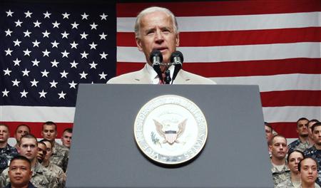 Vice President Biden speaks to troops at Yokota Air Base on the outskirts of Tokyo