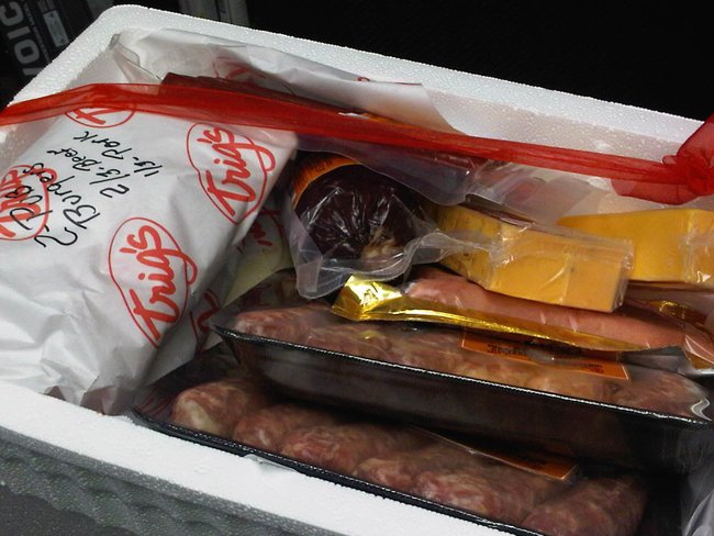 The gift basket from Trig's is filled with all of Lee's favorite things...MEAT, MEAT and More MEAT...oh and some cheese. 8/26/11