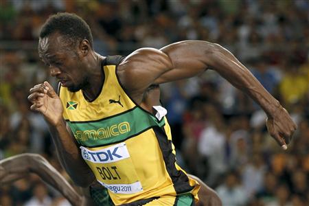 Usain Bolt of Jamaica sprints out of the starting blocks at the start of his men's 100 metres heats at the IAAF World Championships in Daegu Usain Bolt of Jamaica sprints out of the starting blocks at the start of his men's 100 metres heats at the IAAF World Championships in Daegu