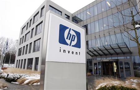 HP logo is seen outside HewlettPackard Belgian headquarters in Diegem