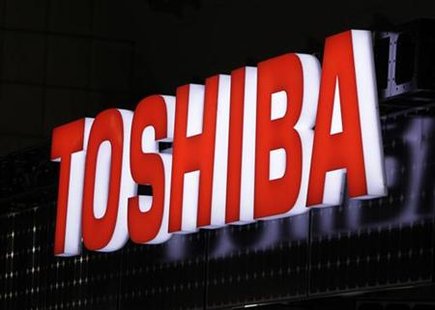 A view shows Toshiba Corp's logo at the fourth International Photovoltaic Power Generation (PV) Expo in Tokyo