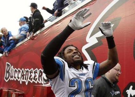 Detroit Lions safety Louis Delmas (26) celebrates the Lions overtime victory over the Tampa Bay Buccaneers in Tampa, Florida December 19, 2010. The win ended Detroit's NFL record 26-game road losing streak. The Lions open their 2011 season in Tampa. REUTERS Detroit Lions safety Louis Delmas (26) celebrates the Lions overtime victory over the Tampa Bay Buccaneers in Tampa, Florida December 19, 2010. The win ended Detroit's NFL record 26-game road losing streak. The Lions open their 2011 season in Tampa. REUTERS