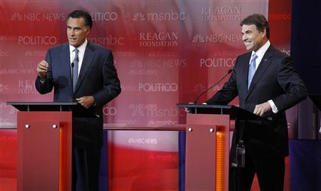 Romney makes a point as Perry listens druing the Reagan Centennial GOP presidential primary debate in Simi Valley Romney makes a point as Perry listens druing the Reagan Centennial GOP presidential primary debate in Simi Valley
