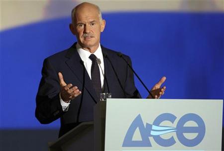 Greece's PM Papandreou addresses the audience at the International Trade fair of Thessaloniki in northern Greece Greece's PM Papandreou addresses the audience at the International Trade fair of Thessaloniki in northern Greece