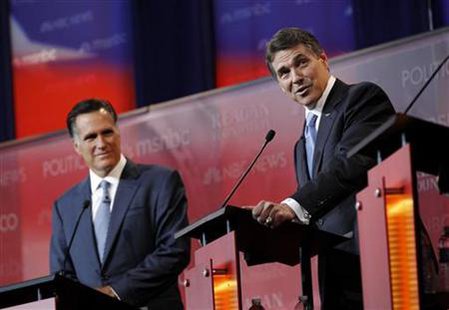 Romney and Perry are shown before the Reagan Centennial GOP presidential primary debate in Simi Valley Romney and Perry are shown before the Reagan Centennial GOP presidential primary debate in Simi Valley