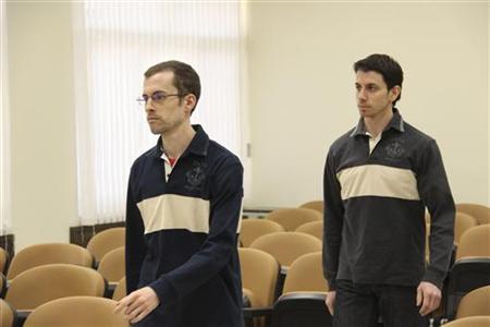 American hikers Shane Bauer and Josh Fattal attend the first session of their trial in Tehran