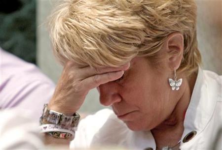 Cindy Anthony wears bracelets in tribute to her late granddaughter Caylee during daughter Casey's murder trial in Orlando