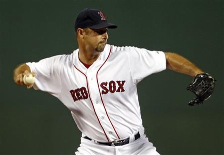 Red Sox starting pitcher Wakefield throws to first base against the Blue Jays during MLB game at Fenway Park in Boston Red Sox starting pitcher Wakefield throws to first base against the Blue Jays during MLB game at Fenway Park in Boston