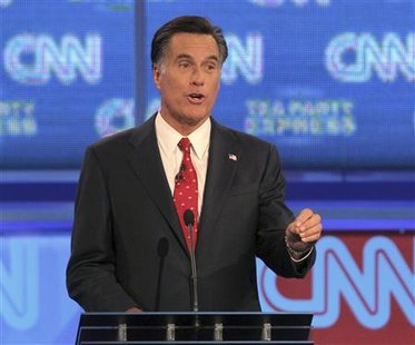 Romney speaks during the CNN/Tea Party Republican presidential candidates debate in Tampa