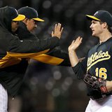 Athletics' Willingham celebrates after winning their MLB American League baseball game against the Tigers in Oakland Athletics' Willingham celebrates after winning their MLB American League baseball game against the Tigers in Oakland
