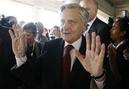 ECB governor Trichet gestures as he answers questions from journalists during a break at an informal meeting of the ECOFIN in Wroclaw ECB governor Trichet gestures as he answers questions from journalists during a break at an informal meeting of the ECOFIN in Wroclaw