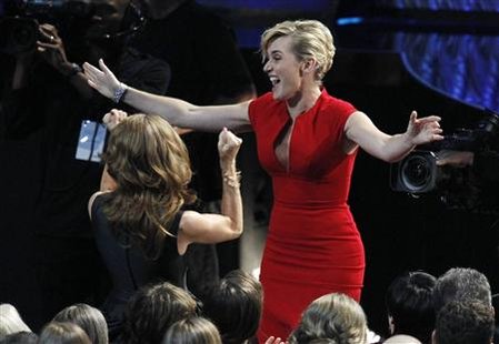 Winslet reacts after winning the Emmy award for outstanding lead actress in a miniseries or movie for "Mildred Pierce" at the 63rd Primetime Winslet reacts after winning the Emmy award for outstanding lead actress in a miniseries or movie for "Mildred Pierce" at the 63rd Primetime