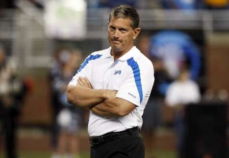 Detroit Lions head coach Jim Schwartz watches his team do pre-game warm-up before their NFL season home opener football game against the Kansas City Chiefs in Detroit, Michigan September 18, 2011. REUTERS/Rebecca Cook (UNITED SATES - Tags: SPORT FOOTBALL) Detroit Lions head coach Jim Schwartz watches his team do pre-game warm-up before their NFL season home opener football game against the Kansas City Chiefs in Detroit, Michigan September 18, 2011. REUTERS/Rebecca Cook (UNITED SATES - Tags: SPORT FOOTBALL)