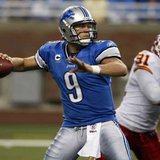 Detroit Lions quarterback Mathew Stafford looks for his receiver during the first half of their NFL season home opener football game against the Kansas City Chiefs in Detroit, Michigan September 18, 2011. REUTERS/Rebecca Cook (UNITED SATES - Tags: SPORT FOOTBALL) Detroit Lions quarterback Mathew Stafford looks for his receiver during the first half of their NFL season home opener football game against the Kansas City Chiefs in Detroit, Michigan September 18, 2011. REUTERS/Rebecca Cook (UNITED SATES - Tags: SPORT FOOTBALL)