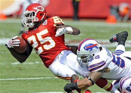 Chiefs' Charles is brought down by Bills' Barnett in Kansas City, Missouri Chiefs' Charles is brought down by Bills' Barnett in Kansas City, Missouri