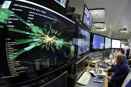 A graphic showing a collision at full power is pictured at the CMS experience control room of the LHC at the CERN in Meyrin A graphic showing a collision at full power is pictured at the CMS experience control room of the LHC at the CERN in Meyrin
