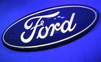 The Ford Motor Company Inc. logo is seen on a wall at the New York International Auto Show in New York City