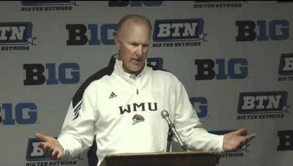 Bill Cubit speaks following the Broncos loss to the Illinois Fighting Illini last season.  

