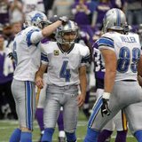 THIS IS NOW: Detroit Lions kicker Jason Hanson (4) is congratulated by holder Ryan Donahue (L) after he kicked a game-winning 32-yard field goal in overtime to defeat the Minnesota Vikings in their NFC, NFL football game in Minneapolis, September 25, 2011. REUTERS/Eric Miller 