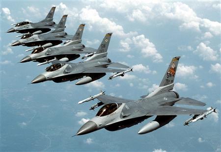 U.S. Air Force handout of F-16 fighter jets flying in formation U.S. Air Force handout of F-16 fighter jets flying in formation