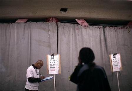 A woman has an eye test at the Remote Area Medical clinic in Los Angeles A woman has an eye test at the Remote Area Medical clinic in Los Angeles