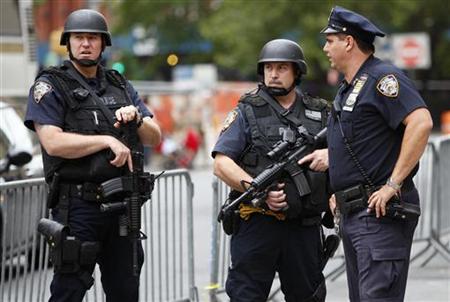 Members of the NYPD's Emergency Response Unit keep watch in New York