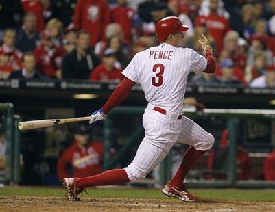 Phillies right fielder Pence swings for a two run RBI against the Cardinals in the eighth inning of Game 1 of their MLB National League Divi Phillies right fielder Pence swings for a two run RBI against the Cardinals in the eighth inning of Game 1 of their MLB National League Divi