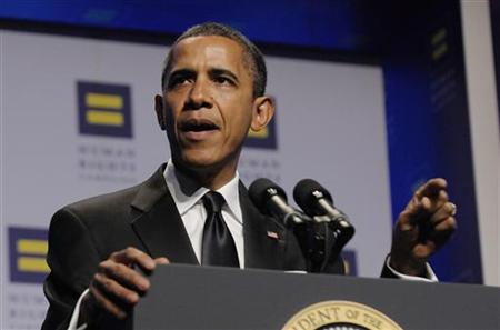 Obama delivers remarks at the Human Rights Campaign's annual dinner in Washington