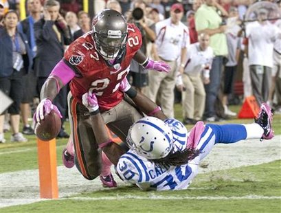 Tampa Bay Buccaneers running back Blount reaches the ball over the goal line to score before being forced out of bounds in Tampa Tampa Bay Buccaneers running back Blount reaches the ball over the goal line to score before being forced out of bounds in Tampa