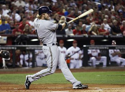 Milwaukee Brewers' Hart hits a solo home run against Arizona Diamondbacks during their MLB Divisional League Series playoffs in Phoenix Milwaukee Brewers' Hart hits a solo home run against Arizona Diamondbacks during their MLB Divisional League Series playoffs in Phoenix