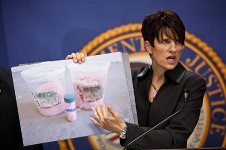 United States Attorney Laura Duffy displays a photo of marijuana cotton candy while announcing law enforcement action against California's m United States Attorney Laura Duffy displays a photo of marijuana cotton candy while announcing law enforcement action against California's m
