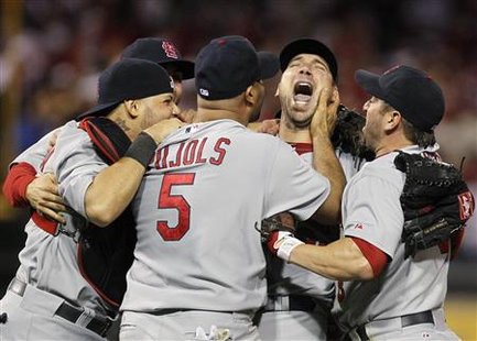 Cardinals' Carpenter celebrates winning their MLB baseball playoff game against the Phillies in Philadelphia Cardinals' Carpenter celebrates winning their MLB baseball playoff game against the Phillies in Philadelphia