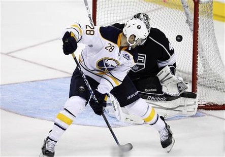 Buffalo Sabres' Paul Gaustad scores past Los Angeles Kings' goalie Jonathan Bernier during second period of their NHL hockey game in Berlin Buffalo Sabres' Paul Gaustad scores past Los Angeles Kings' goalie Jonathan Bernier during second period of their NHL hockey game in Berlin