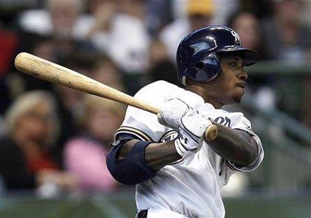 Brewers center fielder Morgan hits a lead-off double against the Diamondbacks in Milwaukee Brewers center fielder Morgan hits a lead-off double against the Diamondbacks in Milwaukee