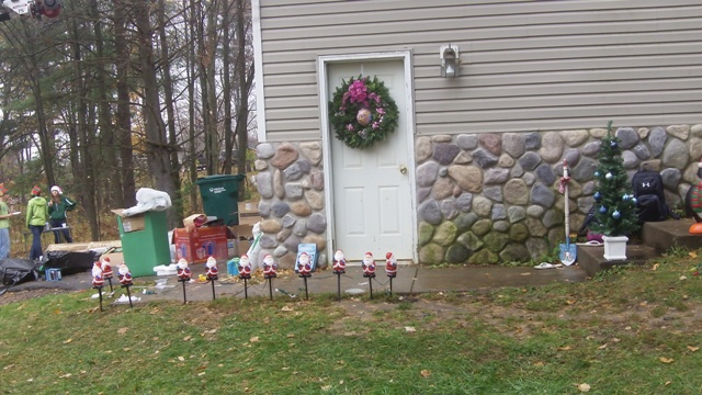 Kayleigh in Rib Mountain might not make it to Christmas. So today (Oct 11, 2011), the Rib Mountain Fire Department and Edgar High School students were there at the house to decorate so Kayleigh can have Christmas now. Mike Mathers was there playing Christmas music.
