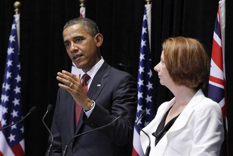 U.S. President Barack Obama and Julia Gillard at a press conference in Canberra U.S. President Barack Obama and Julia Gillard at a press conference in Canberra