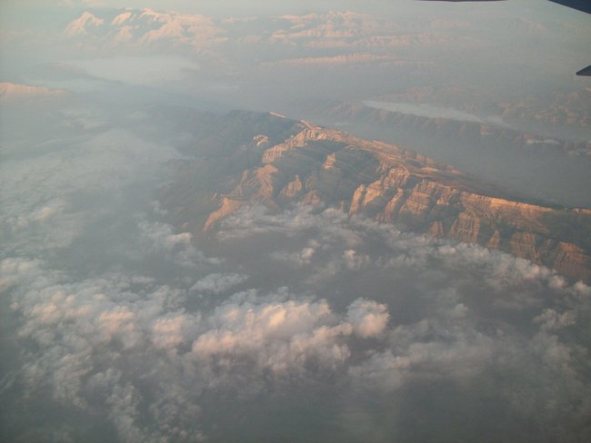 View of Afghan mountains flying into the country.