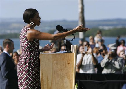 First lady Michelle Obama speaks at a job fair "Hiring Our Heroes" at Joint Base Pearl Harbor-Hickam in Hawaii