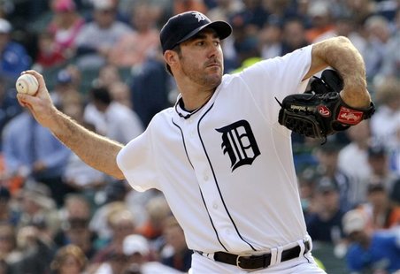 Detroit Tigers starting pitcher Justin Verlander pitches to the Texas Rangers during the first inning of Game 5 in their MLB ALCS baseball p Detroit Tigers starting pitcher Justin Verlander pitches to the Texas Rangers during the first inning of Game 5 in their MLB ALCS baseball p
