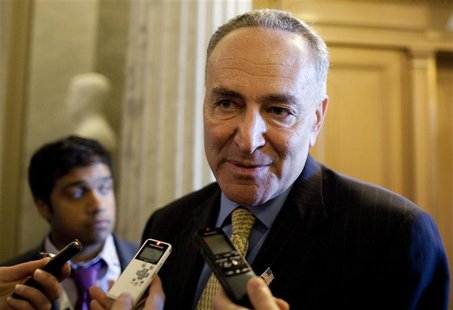 Senator Schumer (D-NY) speaks to the media before voting on a bill allowing a rise in the debt ceiling on Capitol Hill Senator Schumer (D-NY) speaks to the media before voting on a bill allowing a rise in the debt ceiling on Capitol Hill