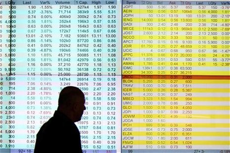 A dealer walks past an electronic board in the investors' gallery at the Amman Stock Exchange November 21, 2011. A dealer walks past an electronic board in the investors' gallery at the Amman Stock Exchange November 21, 2011.