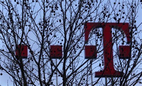 The sign of Deutsche Telekom headquarters is pictured in Bonn