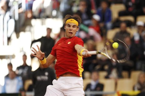 Spain's Nadal returns a shot to Argentina's Monaco during their Davis Cup final singles rubber in Seville Spain's Nadal returns a shot to Argentina's Monaco during their Davis Cup final singles rubber in Seville