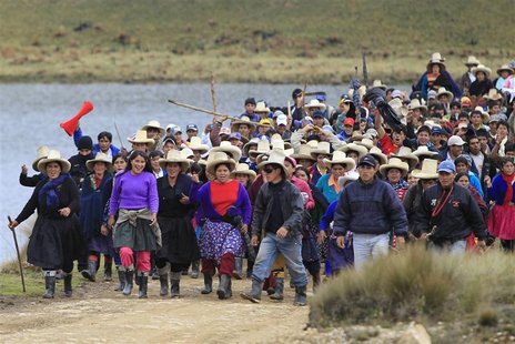 Andean people protest against Newmont Mining's Conga gold project during a march near the Cortada lagoon at Peru's region of Cajamarca