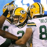 Packers' Crosby celebrates with teammates Taylor and Green after makiong winning field goal against Giants in East Rutherford Packers' Crosby celebrates with teammates Taylor and Green after makiong winning field goal against Giants in East Rutherford