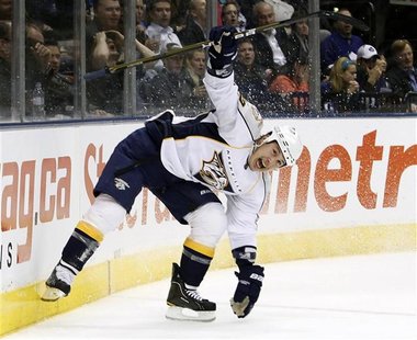 Predators' Tootoo celebrates his goal against Maple Leafs during the first period of their NHL hockey game in Toronto Predators' Tootoo celebrates his goal against Maple Leafs during the first period of their NHL hockey game in Toronto