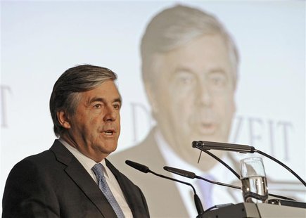 Chief Executive of Deutsche Bank Ackermann delivers his speech during the "German Economic Forum" in Hamburg